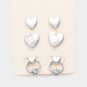 3Pairs - Rhinestone Metal Heart Stud Earrings